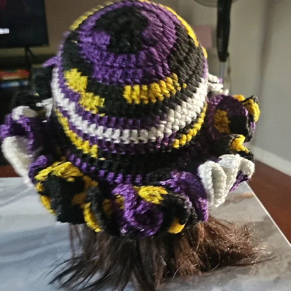 Crochet Ruffle Beanie Yellow, Purple, Black, And White